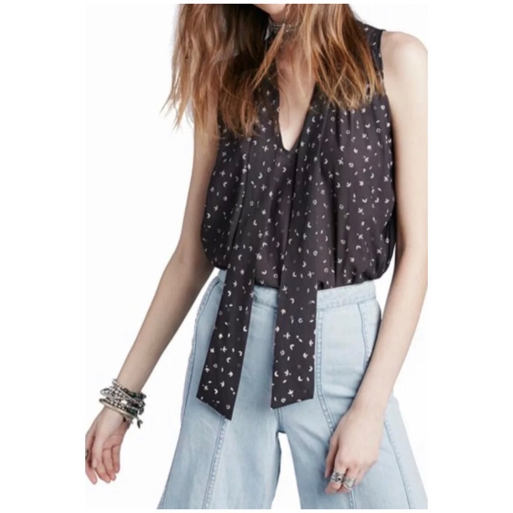 Free People Sleeveless Printed Front Tie Sheer Tank Top
